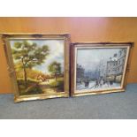Two large, framed oils on canvas comprising a street scene, signed lower left by the artist,