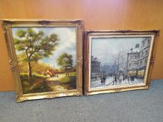 Two large, framed oils on canvas comprising a street scene, signed lower left by the artist,