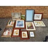 A collection of various framed pictures to include oil, prints and a mirror, varying image sizes.