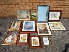 A collection of various framed pictures to include oil, prints and a mirror, varying image sizes.