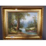 A gilt framed oil on board of a woodland scene, signed lower right by the artist I.