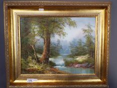 A gilt framed oil on board of a woodland scene, signed lower right by the artist I.