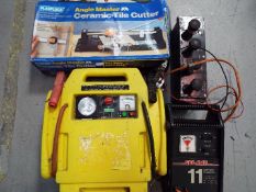 Two battery chargers, a G.P.O rheostat No.2A and a boxed Plasplugs tile cutter.
