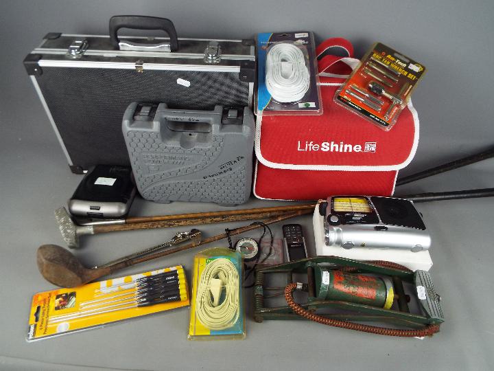 A mixed lot to include tools, Auto Glym car care kit, vintage wooden shaft golf clubs, and similar.