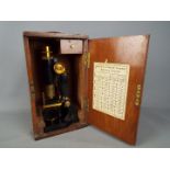 A 19th century lacquered brass monocular microscope on horseshoe base bearing plaque J. Woolley.