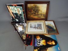 A mixed lot of collectables to include Star Wars related items, prints,