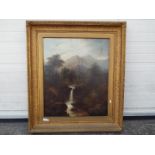 A large framed oil on canvas depicting a landscape scene with a mountainous background with two
