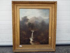 A large framed oil on canvas depicting a landscape scene with a mountainous background with two