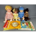 Box of Vintage Dolls, books, etc - One plastic boy doll made by Rodney, blue closing eyes, 60cm,