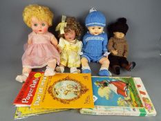 Box of Vintage Dolls, books, etc - One plastic boy doll made by Rodney, blue closing eyes, 60cm,