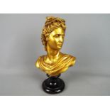 A plaster bust of Apollo finished in a gold colourway, approximately 32 cm (h).