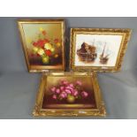Three framed oils on canvas comprising two still life floral studies and a harbour scene,
