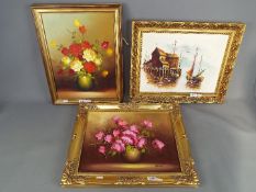 Three framed oils on canvas comprising two still life floral studies and a harbour scene,