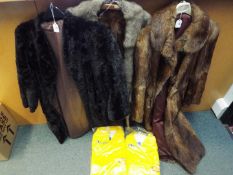 A quantity of furs comprising three ¾ length coats and a stole and two Champion 'Continental Grain'