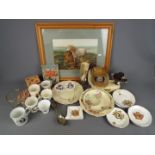 A mixed lot to include ceramics, glassware, vintage kitchen scales and weights,