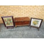 Two fire screens and a vintage wooden chest measuring approximately 44 cm x 80 cm x 42 cm.