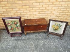 Two fire screens and a vintage wooden chest measuring approximately 44 cm x 80 cm x 42 cm.