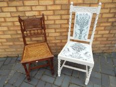 Two hall chairs, one painted with upholstered seat and back and one with cane panel seat.