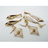 Three pairs of 9ct gold drop earrings,