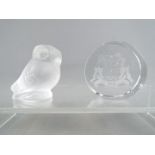 A Lalique frosted glass owl, signed to the base, approximately 5.