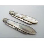 Two George V silver and mother of pearl folding fruit knives,