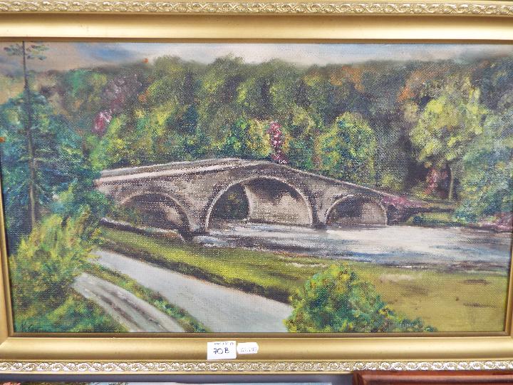 Two oils on canvas depicting riverside scenes and a framed print. - Image 2 of 5