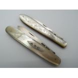 Two silver and mother of pearl folding fruit knives,