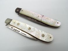 Two Victorian silver and mother of pearl folding knives,