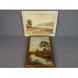 A framed oil on canvas depicting a couple beside a stream,