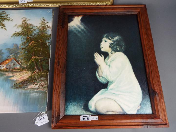 Two oils on canvas depicting riverside scenes and a framed print. - Image 4 of 5