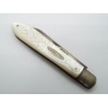 An Edward VII silver and mother of pearl folding fruit knife the handle with floral and butterfly