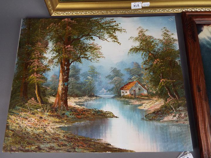 Two oils on canvas depicting riverside scenes and a framed print. - Image 3 of 5