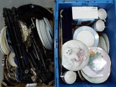 Two boxes containing ceramics and plated ware.