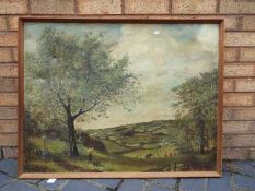 A framed oil on canvas depicting a rural