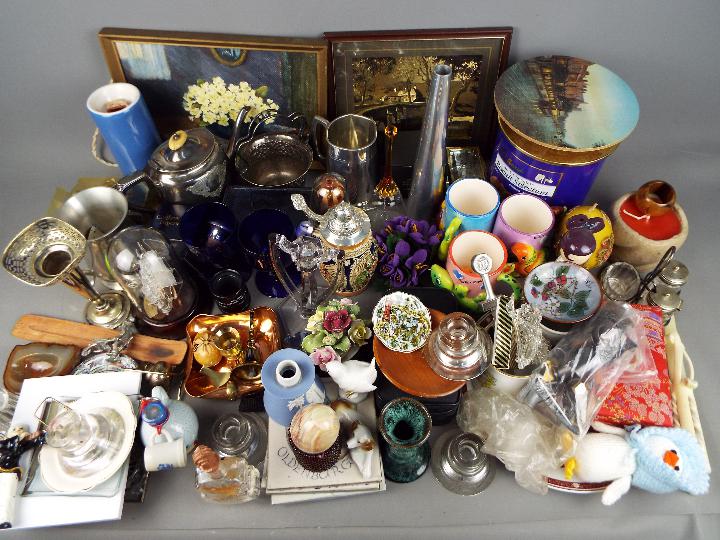 A mixed lot to include ceramics, glassware, plated ware, camera, pictures and similar, two boxes.