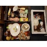 A mixed lot of ceramics, glassware and dolls, three boxes.