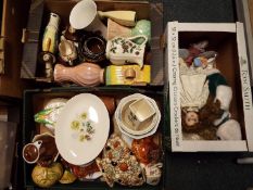 A mixed lot of ceramics, glassware and dolls, three boxes.