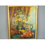 A framed still life oil on board, titled verso 'Autumn Flowers & Fruit With Old Jug',