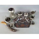 An Art Nouveau copper crumb tray and brush by Beldray and a collection of pewter items.