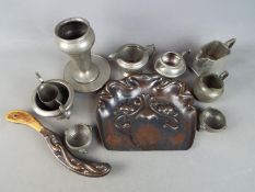 An Art Nouveau copper crumb tray and brush by Beldray and a collection of pewter items.