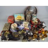 A quantity of metalware comprising plated, horse brasses, vintage tins and similar.