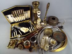 A collection of various metalware and a canteen of cutlery.