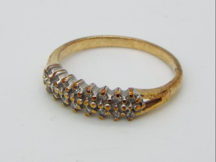 A 9ct gold, garnet and pearl ring size L and a further stone set 9ct gold ring, size I+½, - Image 3 of 6