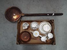 Lot to include a Royal Tuscan 'Tiara' pattern tea set, copper pan and copper bed warmer.