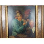 A framed oil on board depicting two peasants in a tavern interior, after Thomas Van Apshoven,