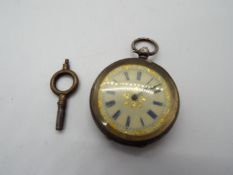 A Swiss silver cased lady's fob watch, 935 fineness, floral and foliate engraved case,