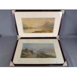 Two early colour prints depicting landscape scenes, each mounted and framed under glass,
