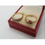 A 9ct gold, garnet and pearl ring size L and a further stone set 9ct gold ring, size I+½,