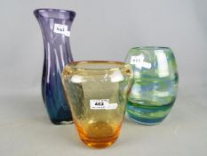 Three decorative art glass vases, largest approximately 30 cm (h).
