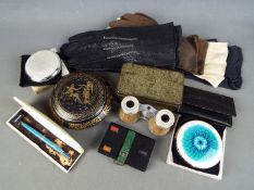 Lot to include lady's gloves, powder compacts, lidded powder bowl, manicure set,